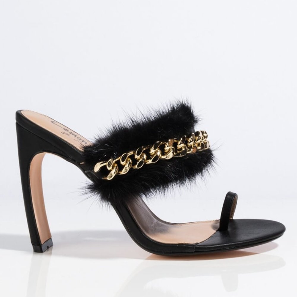 Black Feathered Mule with Gold Chain Detail
